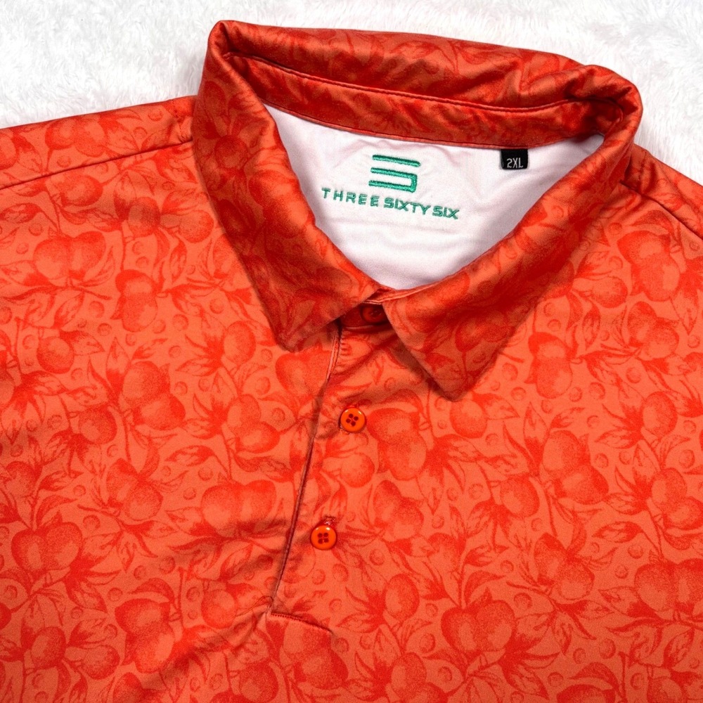 Three‎ Sixty Six Polo Shirt Men 2XL Orange Floral Peach Print Performance Golf